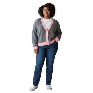 Primark Gray Pink Trim Knit Cardigan Sweater Womens Size L‎ Long Sleeve Casual